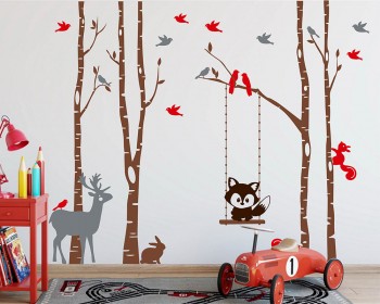 Birch Tree with Fox, Squirrel and Birds for Nursery